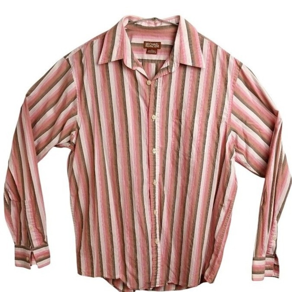 Michael Kors Pink Brown Striped Cotton Button Down Shirt Large